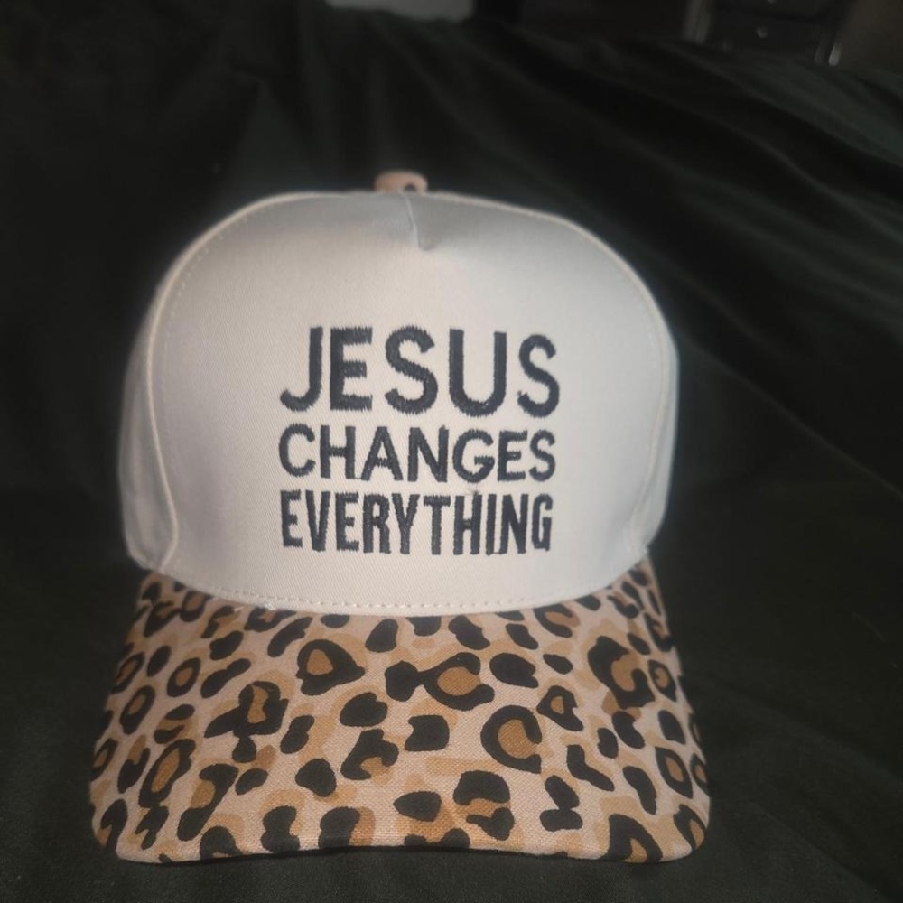 Jesus Changes Everything white and leopard print trucker hat